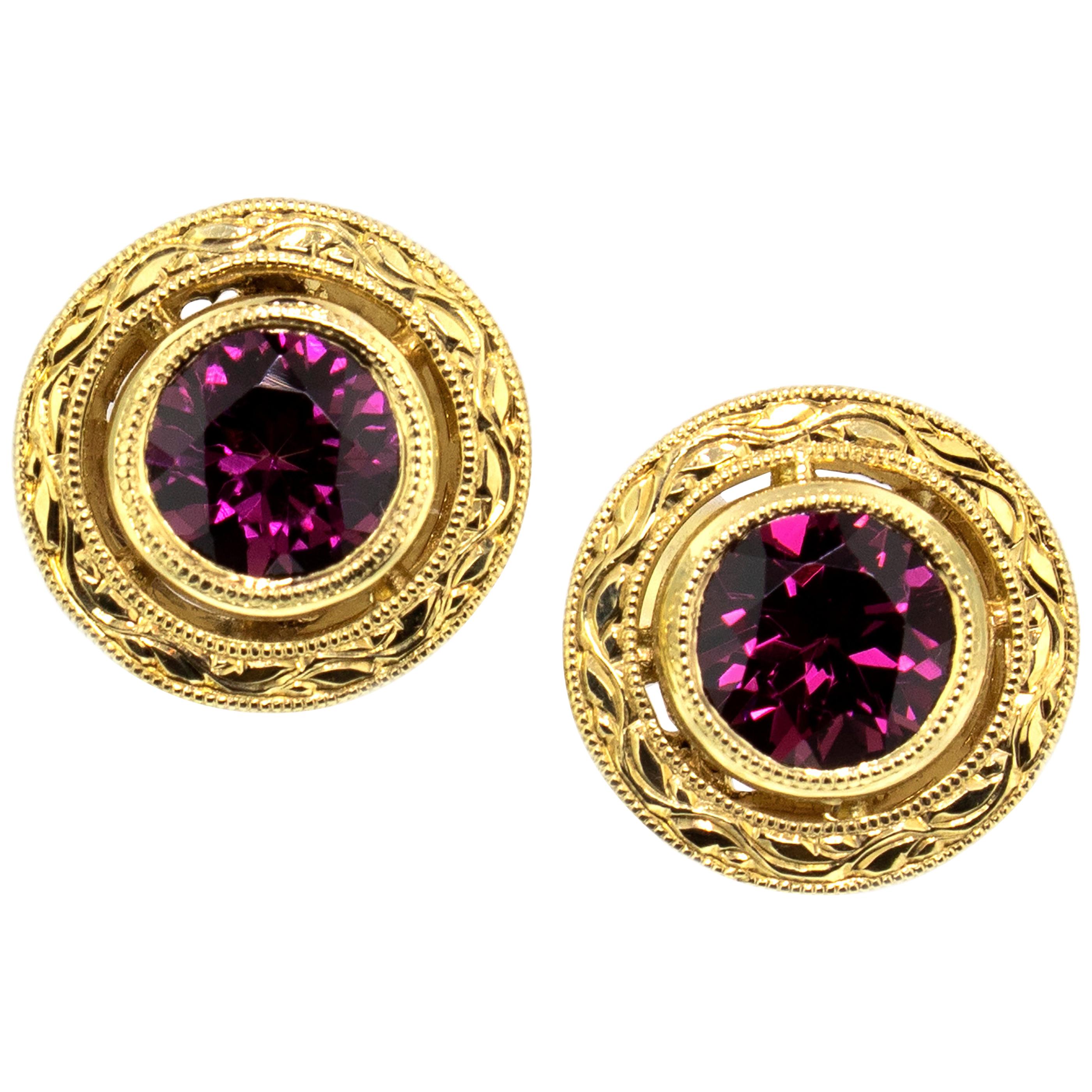 1.98 Carat Rhodolite Garnet in 18 Karat Gold Hand Engraved Earrings, Made in USA