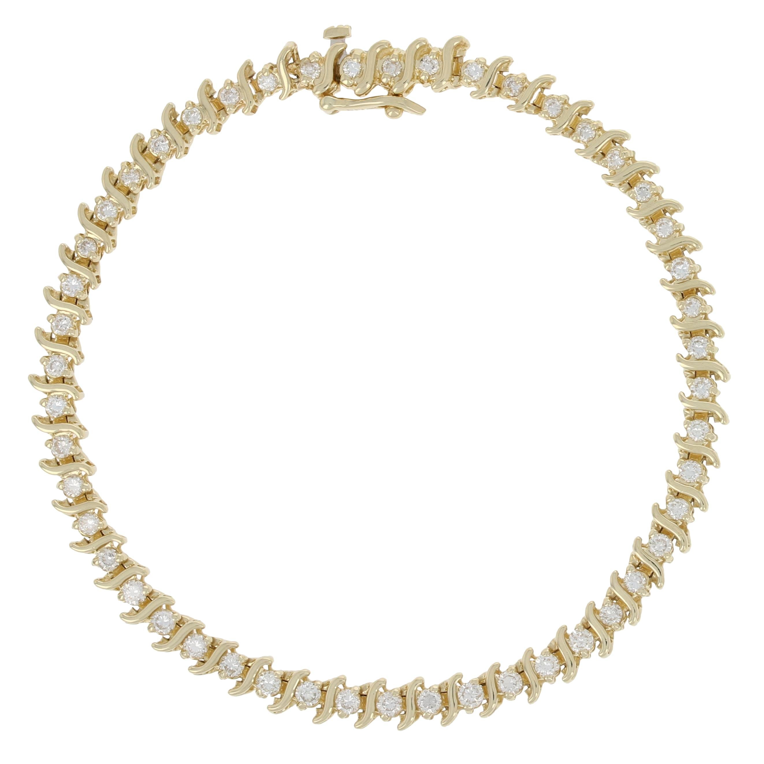 1.98 Carat Round Brilliant Diamond Bracelet, 14 Karat Yellow Gold Tennis