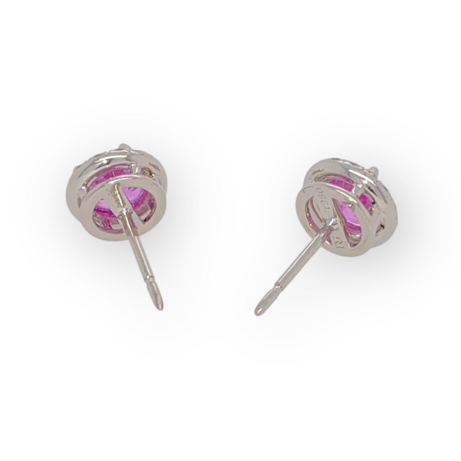 1.98 carat Round Pink Sapphire with Thirty two Round Diamonds 0.29 carats set in a Platinum Halo Pushback Earrings