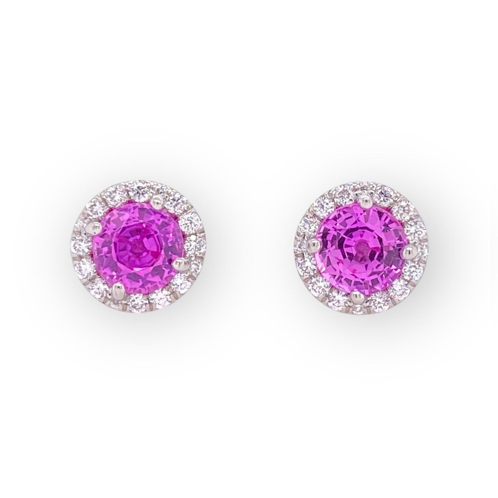 Round Cut 1.98 carat Round Pink Sapphire and Diamond Platinum Halo Pushback Earrings For Sale