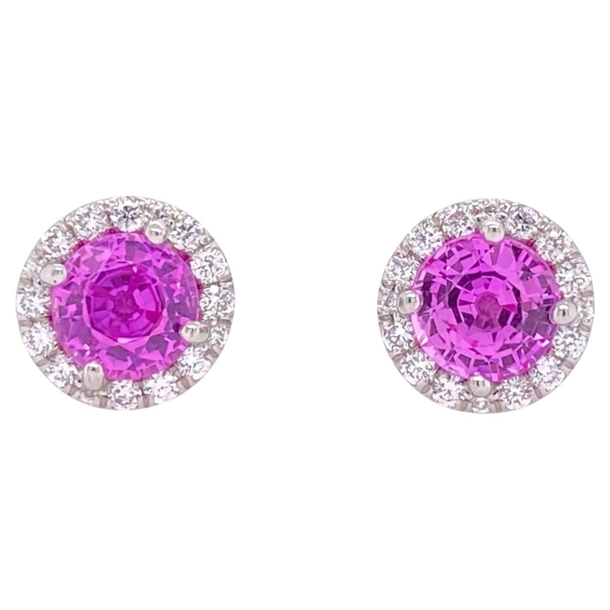 1.98 carat Round Pink Sapphire and Diamond Platinum Halo Pushback Earrings