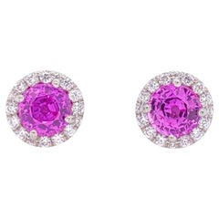 1,98 Karat runder rosa Saphir und Diamant Platin Halo Pushback Ohrringe