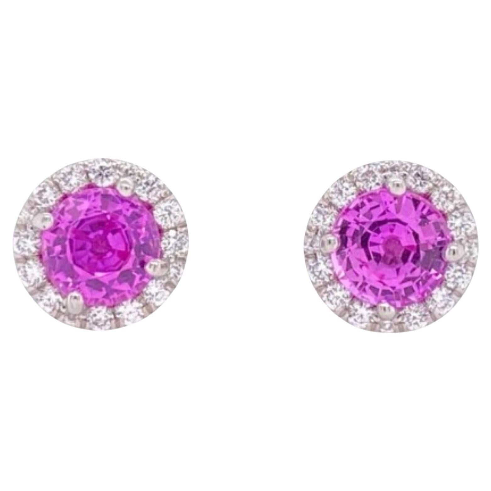 Orecchini a lobo in platino con zaffiro rosa rotondo e diamanti da 1,98 carati