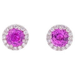 Orecchini a lobo in platino con zaffiro rosa rotondo e diamanti da 1,98 carati