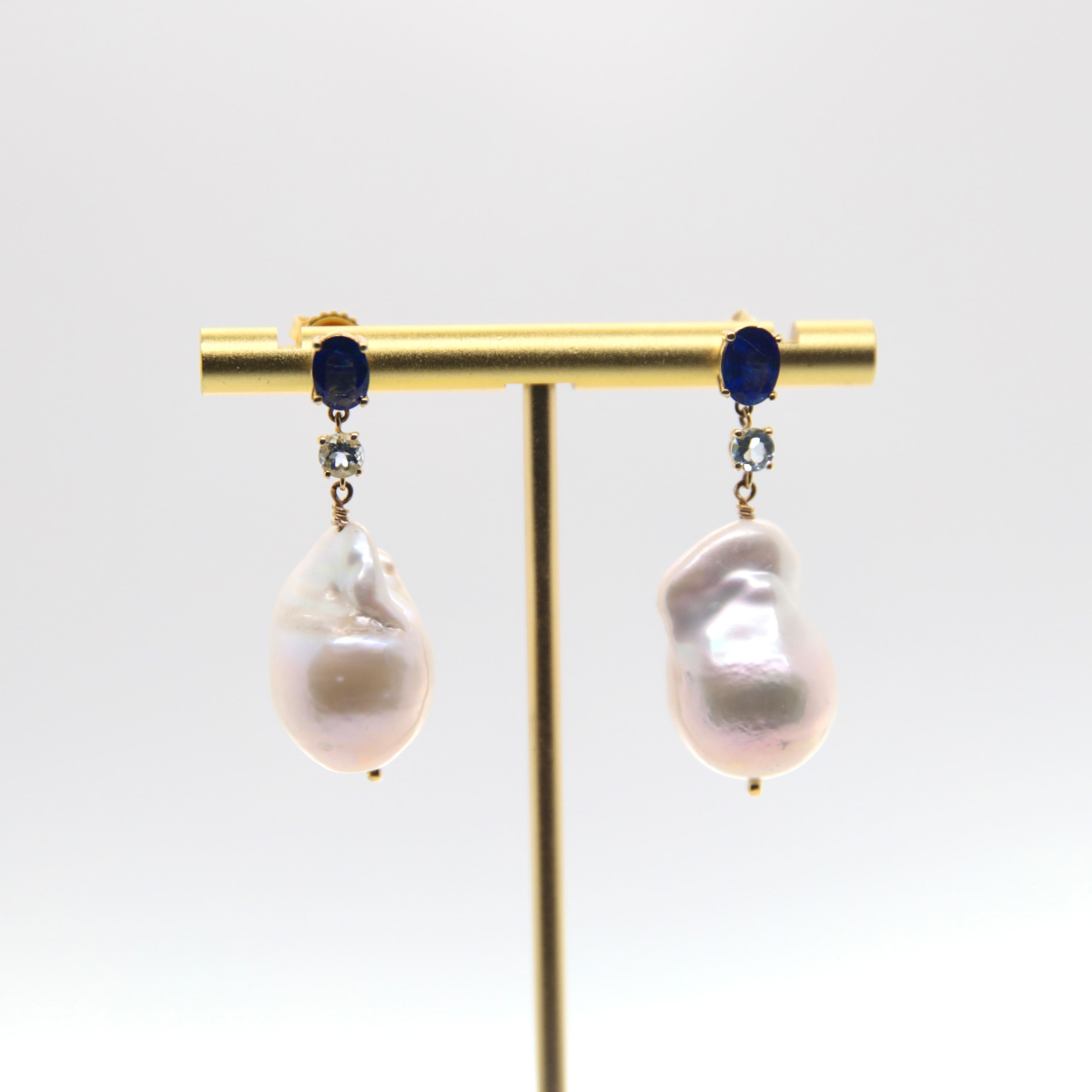 Modern 1.98 Carat Sapphire Aquamarine Baroque Pearl Drop Earring For Sale
