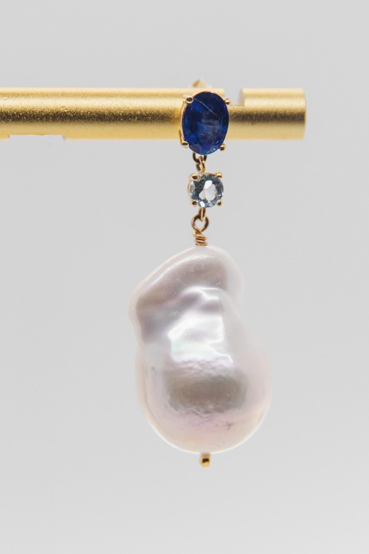 Oval Cut 1.98 Carat Sapphire Aquamarine Baroque Pearl Drop Earring For Sale