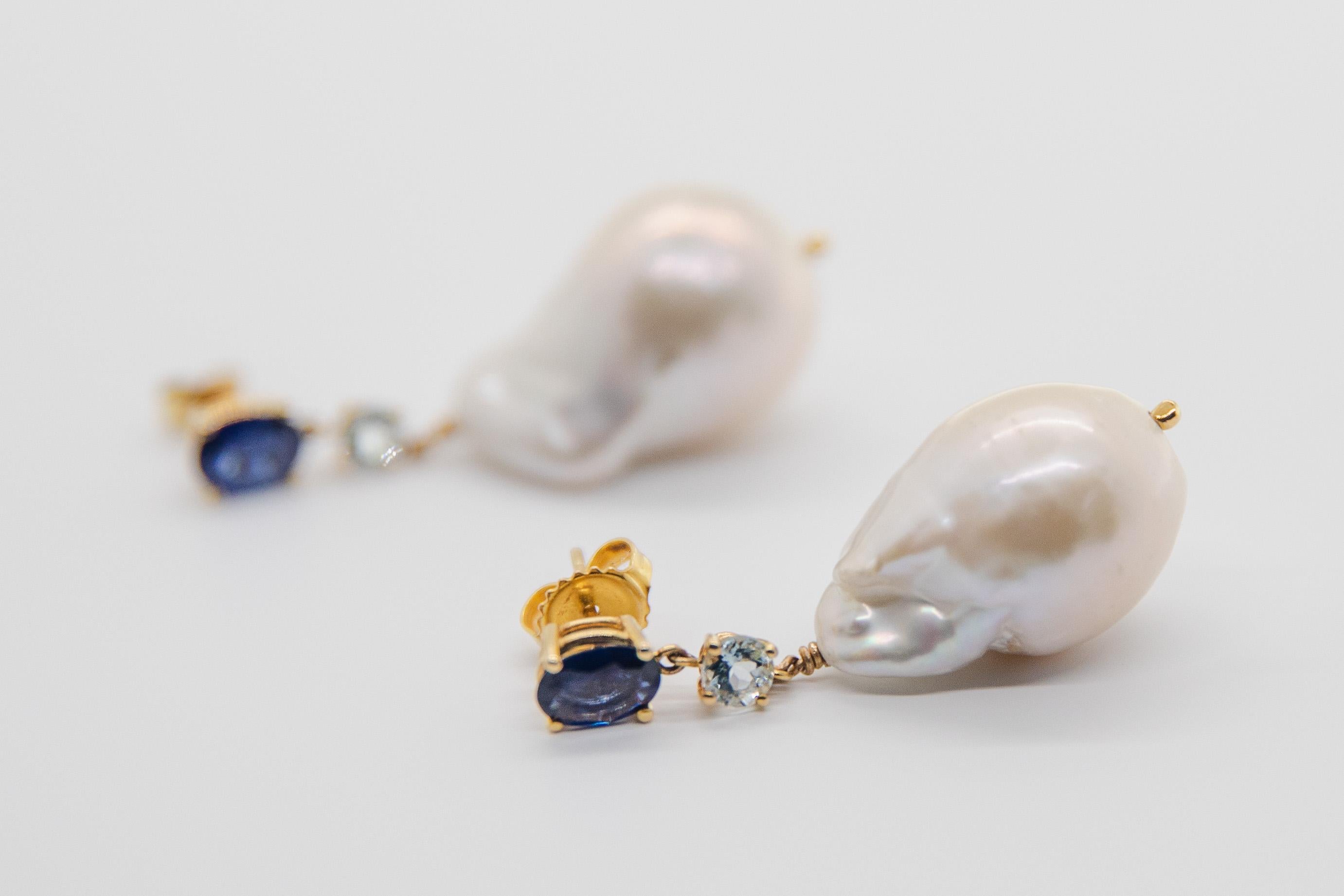 1.98 Carat Sapphire Aquamarine Baroque Pearl Drop Earring In Excellent Condition For Sale In New York, NY