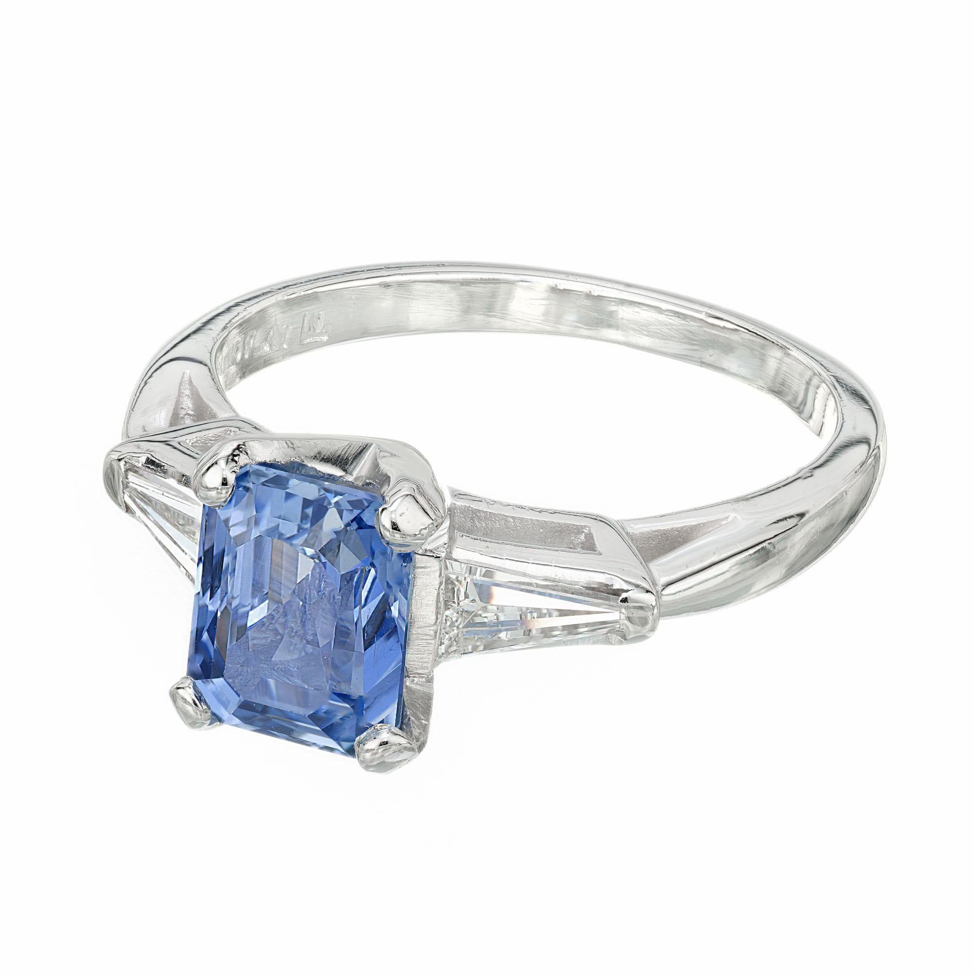 Emerald Cut 1.98 Carat Sapphire Diamond Platinum Three-Stone Engagement Ring For Sale