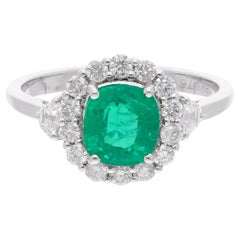 1.98 Ct Zambian Emerald Diamond Halo Wedding Ring 18Kt White Gold May Birthstone