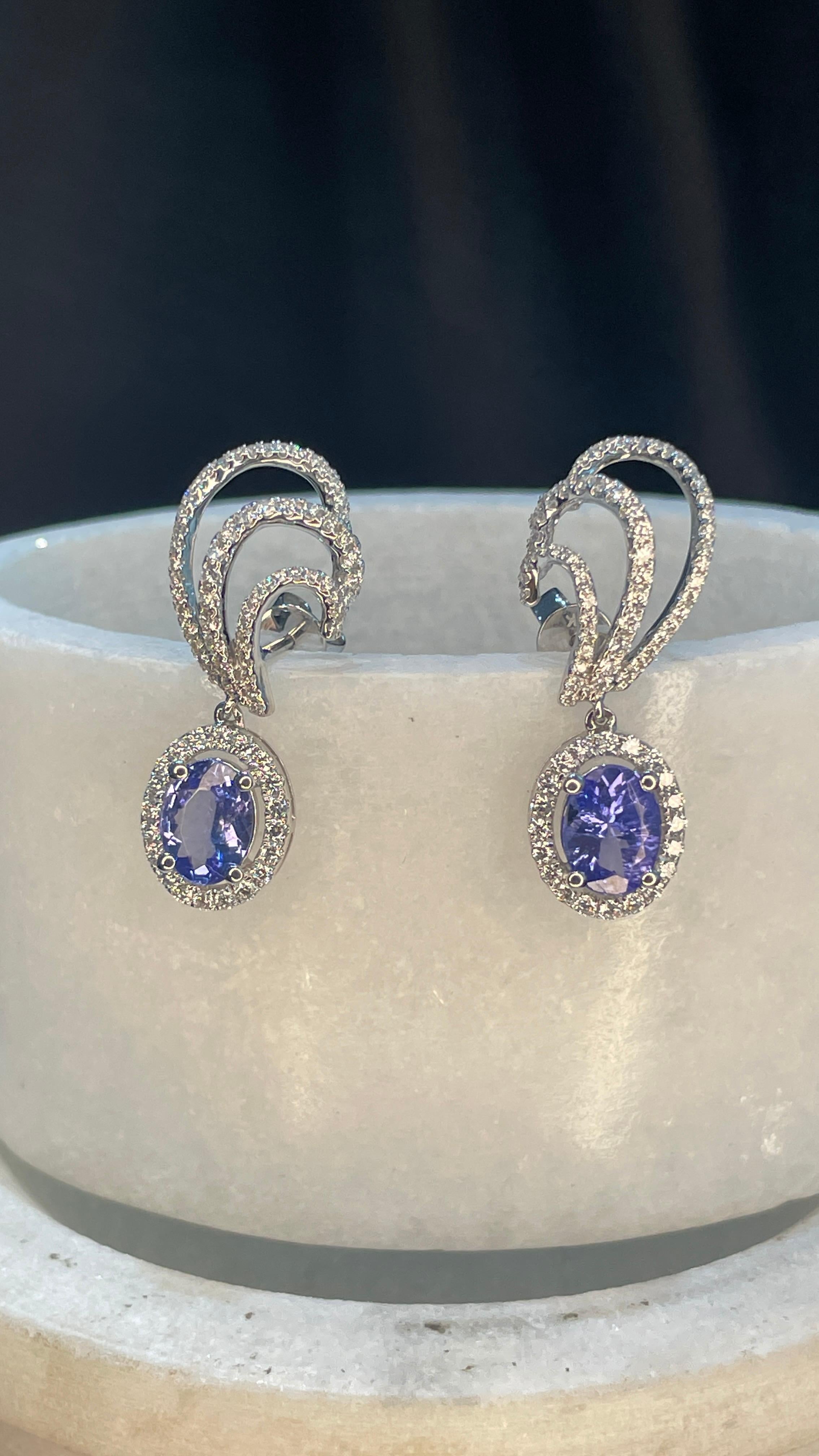 Women's 1.98 Carat Tanzanite and Diamond Designer Stud Earrings in 14K White Gold For Sale