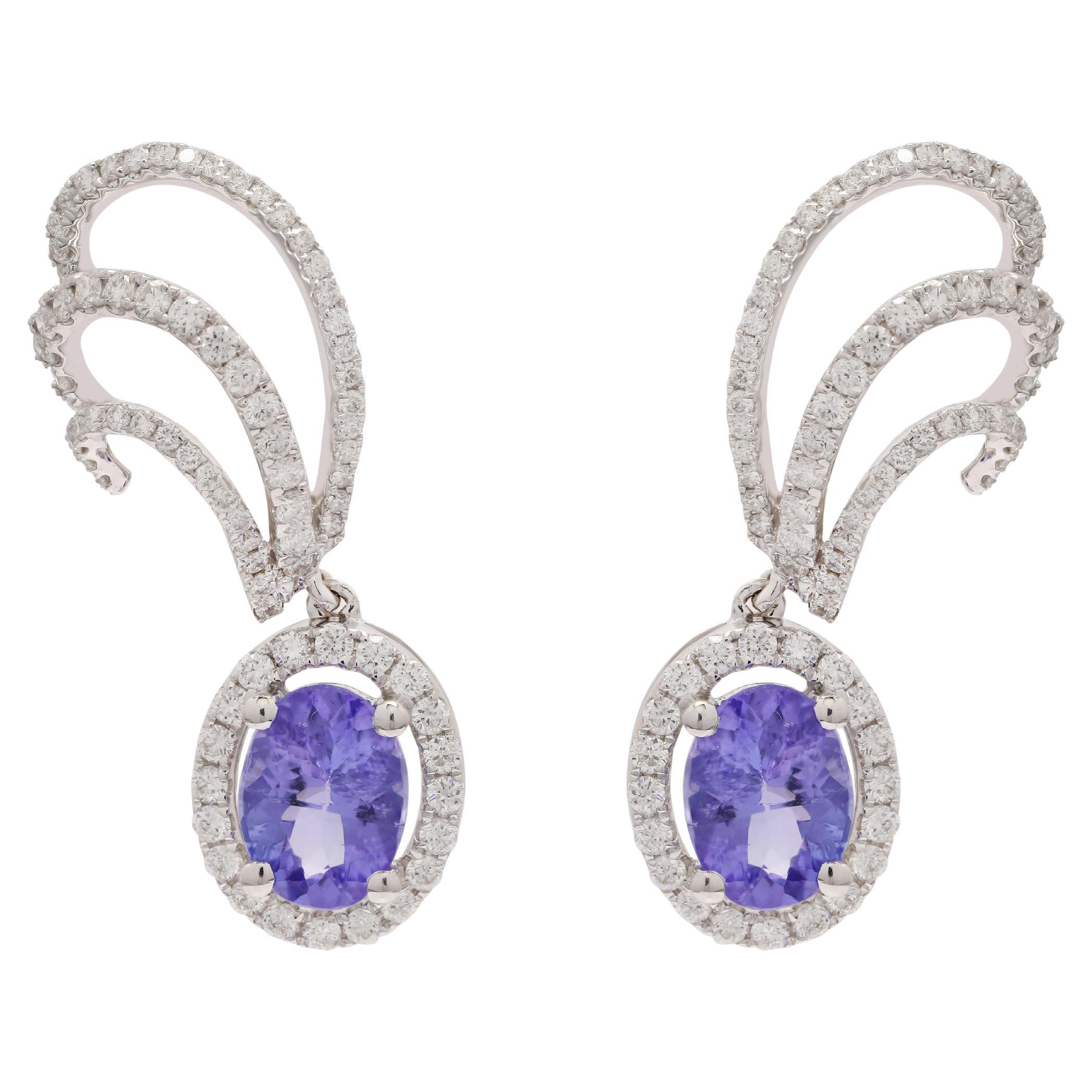 1.98 Carat Tanzanite and Diamond Designer Stud Earrings in 14K White Gold