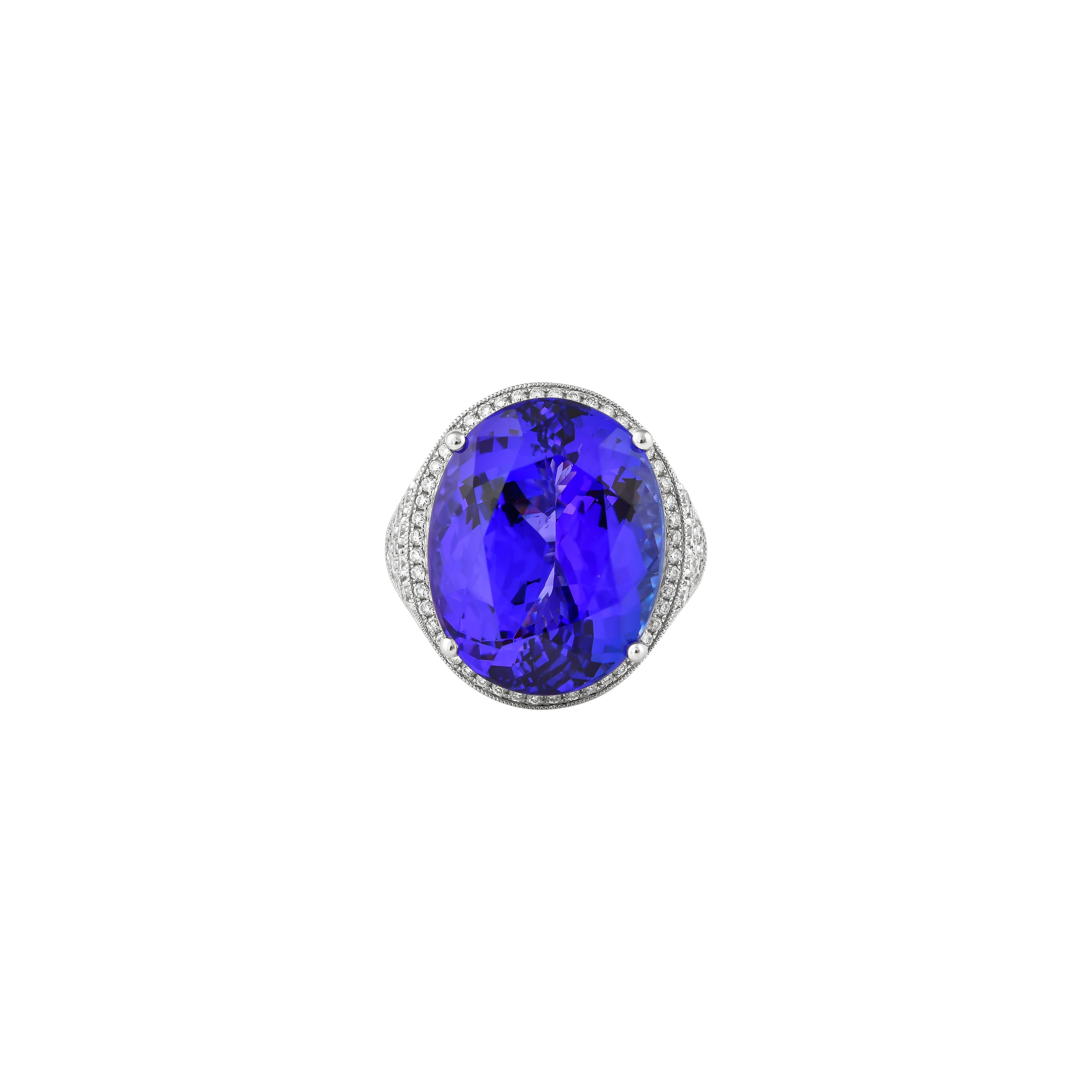 Oval Cut 19.8 Carat Tanzanite and White Diamond Ring in 18 Karat White Gold For Sale