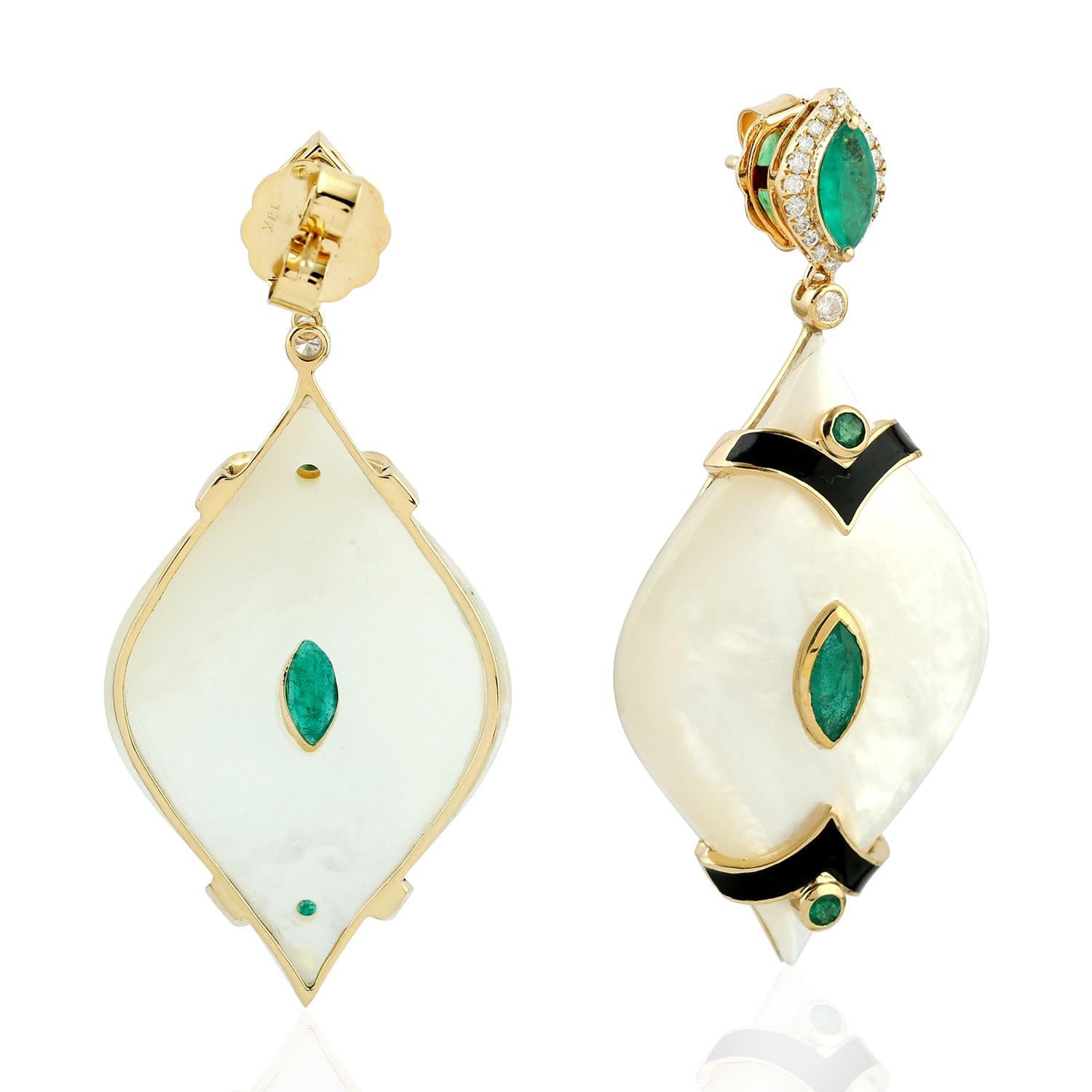 Modern 1.98 Carat Emerald Mother of Pearl Diamond 18 Karat Gold Earrings For Sale