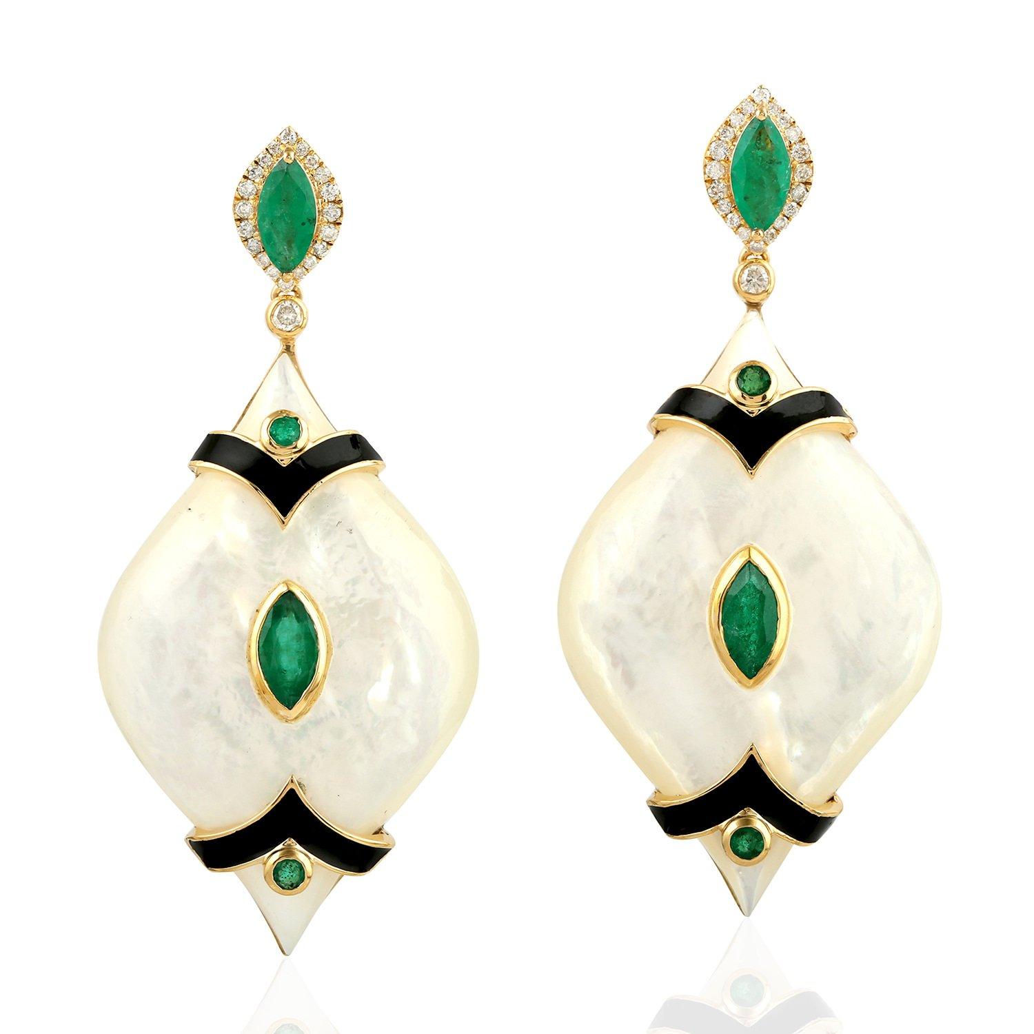 Mixed Cut 1.98 Carat Emerald Mother of Pearl Diamond 18 Karat Gold Earrings For Sale