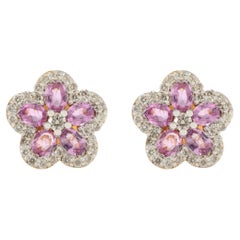 Cherry Blossom Pink Sapphire Diamond Flower Stud Earrings in 18k Yellow Gold