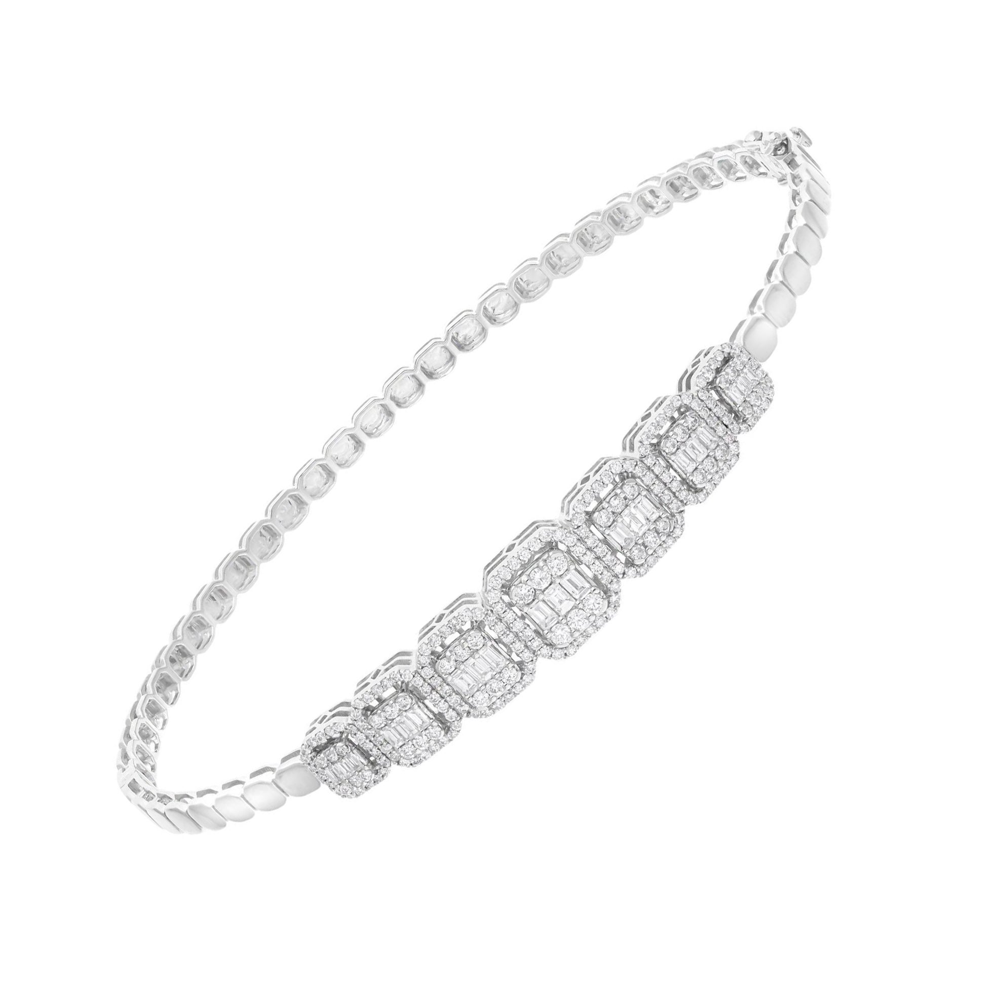 1.98 Ct SI Clarity HI Color Baguette Diamond Bangle Bracelet 14 Karat White Gold