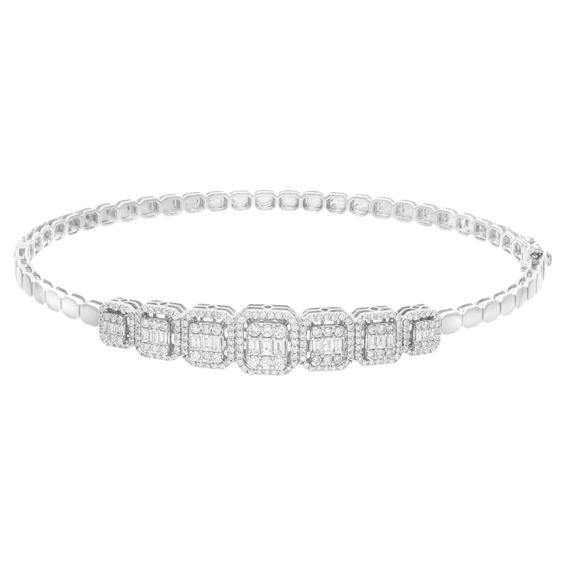 1.98 Ct SI Clarity HI Color Baguette Diamond Bangle Bracelet 14 Karat White Gold