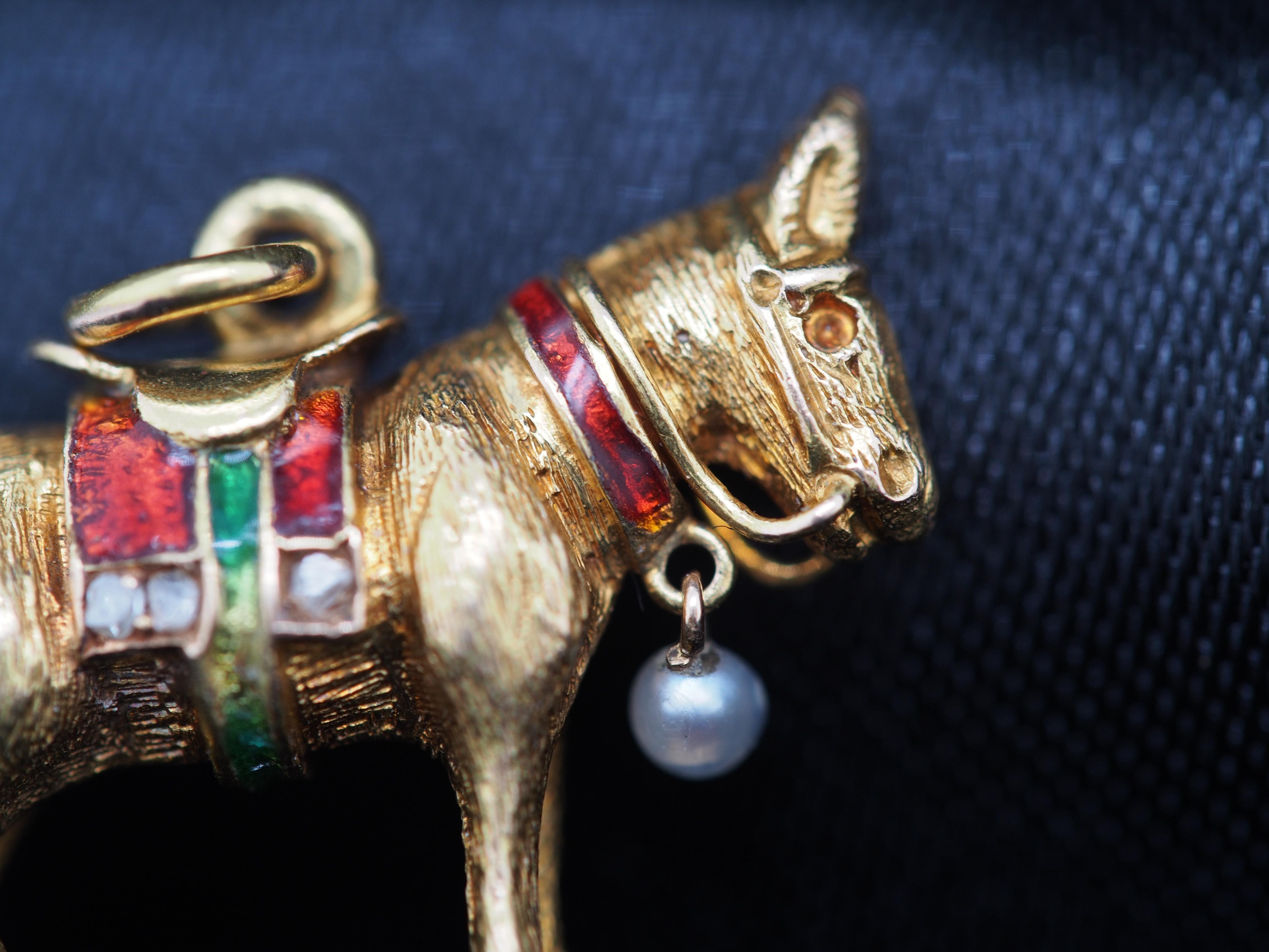 Retro 1980 14K Yellow Gold Donkey Pendant With Diamonds & Pearl and Red & Green Enamel For Sale