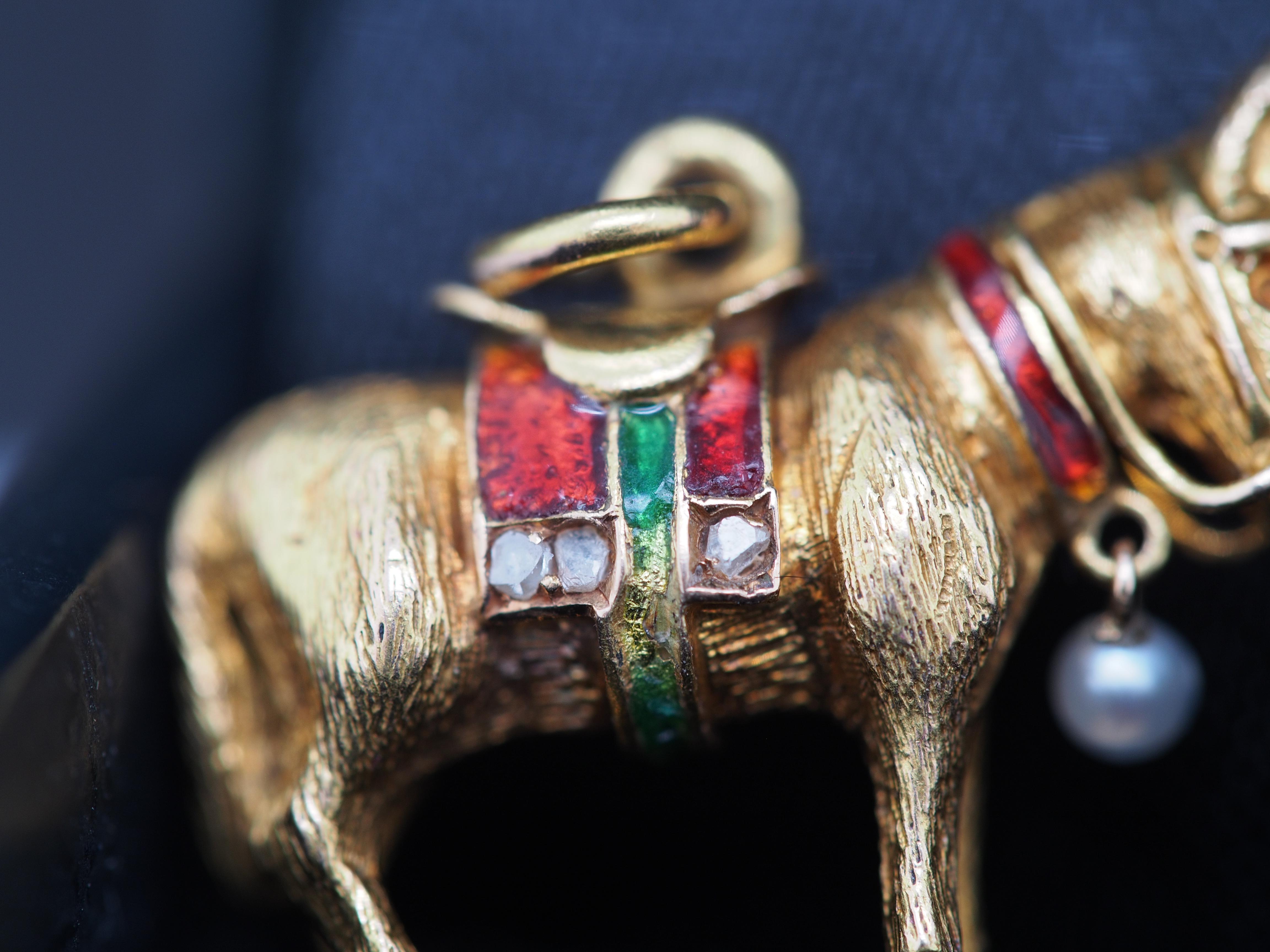 Old European Cut 1980 14K Yellow Gold Donkey Pendant With Diamonds & Pearl and Red & Green Enamel For Sale