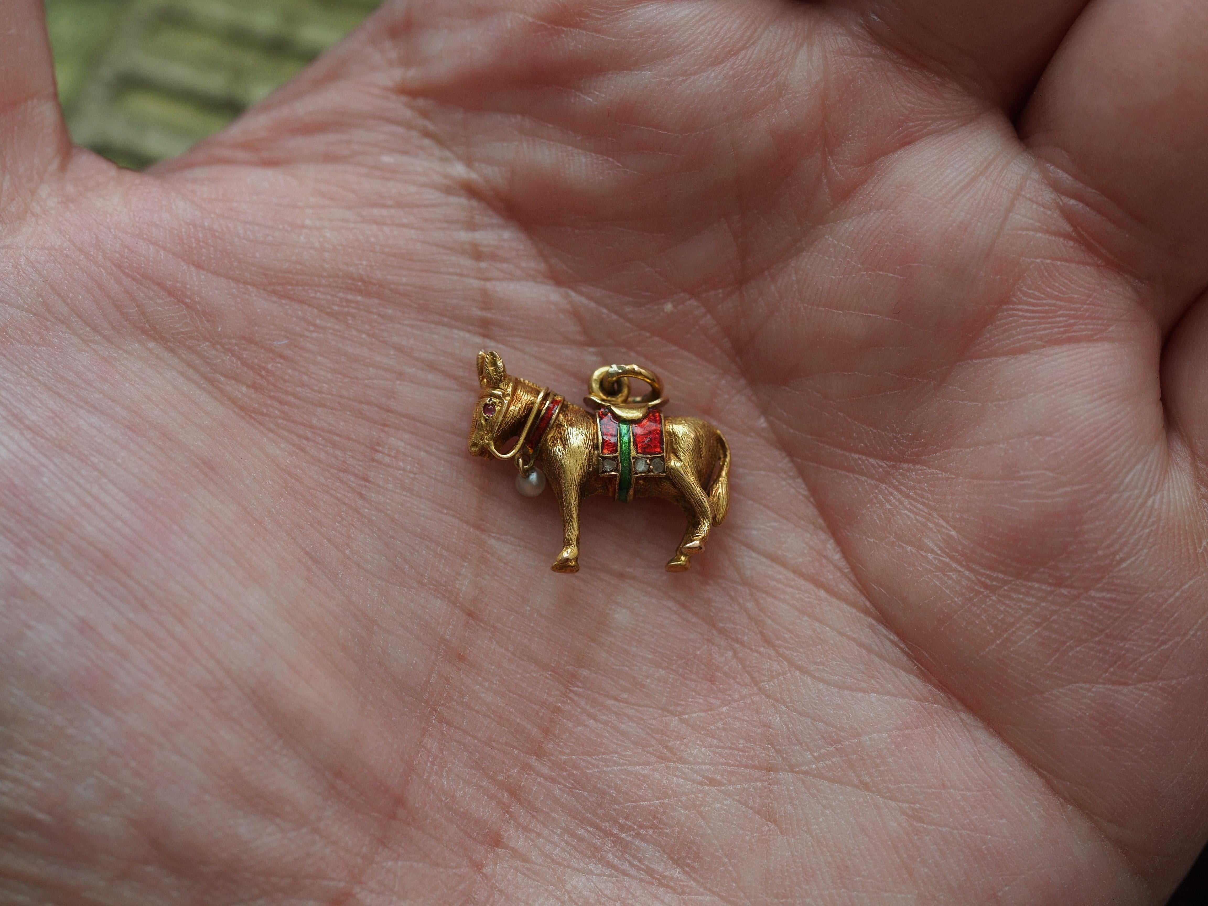 1980 14K Yellow Gold Donkey Pendant With Diamonds & Pearl and Red & Green Enamel In Good Condition For Sale In Atlanta, GA