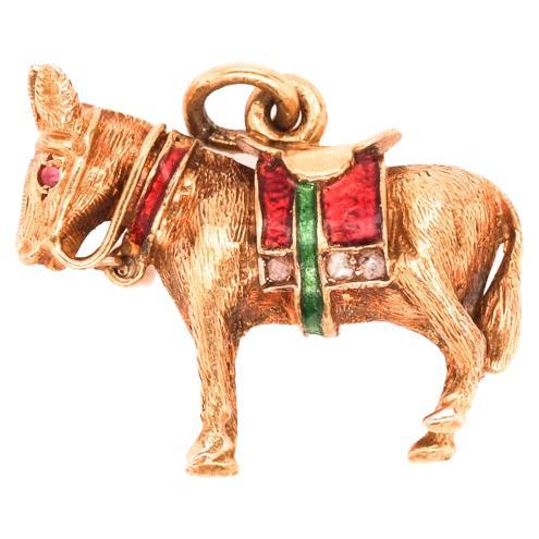 1980 14K Yellow Gold Donkey Pendant With Diamonds & Pearl and Red & Green Enamel