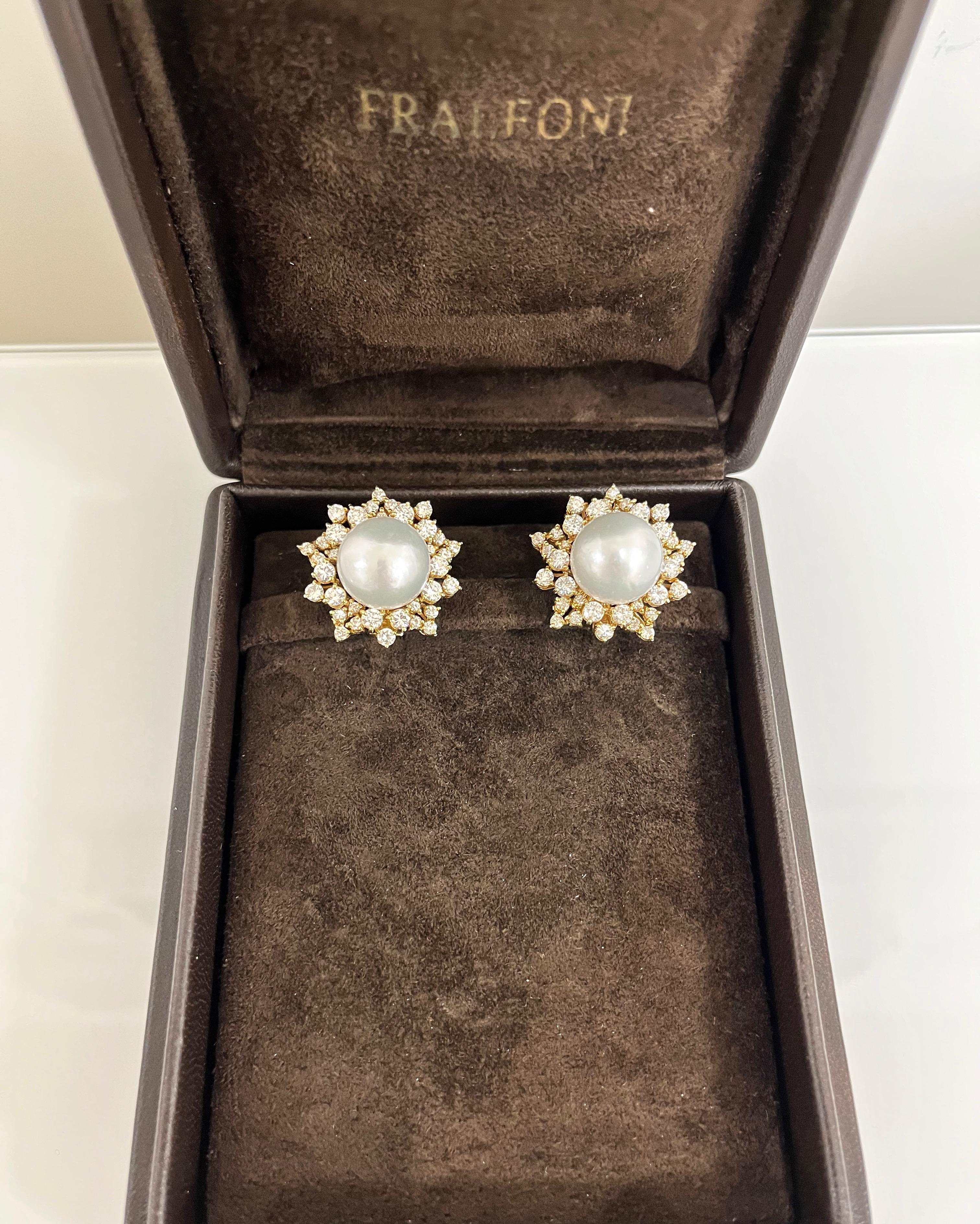 1980 18 Karat Yellow Gold Diamonds South Sea Pearls Earrings For Sale 1