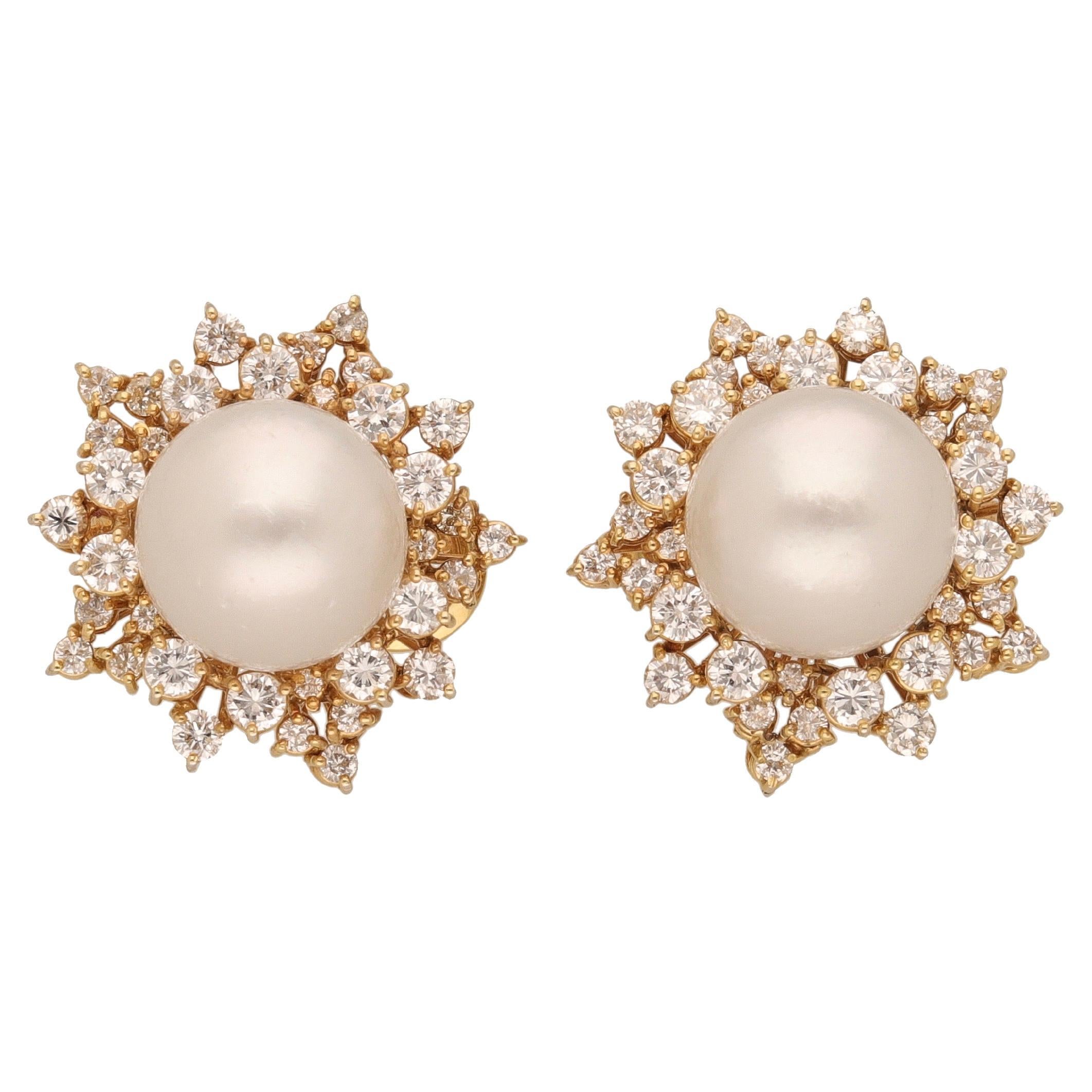 1980 18 Karat Yellow Gold Diamonds South Sea Pearls Earrings For Sale
