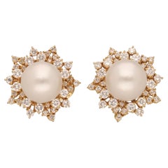 1980 18 Karat Yellow Gold Diamonds South Sea Pearls Earrings