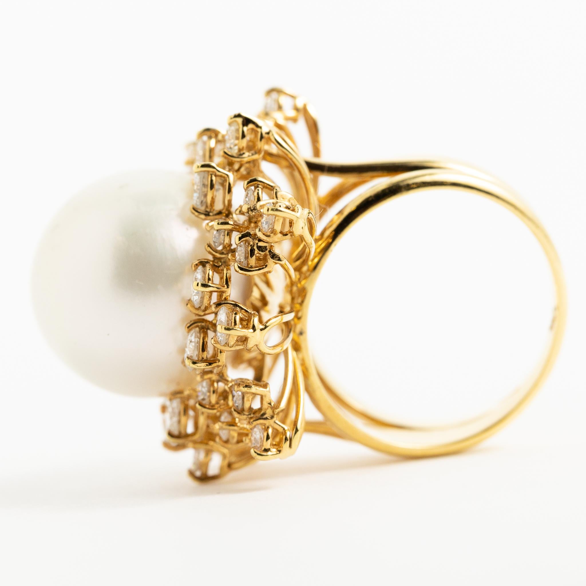 1980 18 Karat Yellow Gold Diamonds, 16 mm. South Sea Pearl Cocktail Ring For Sale 6