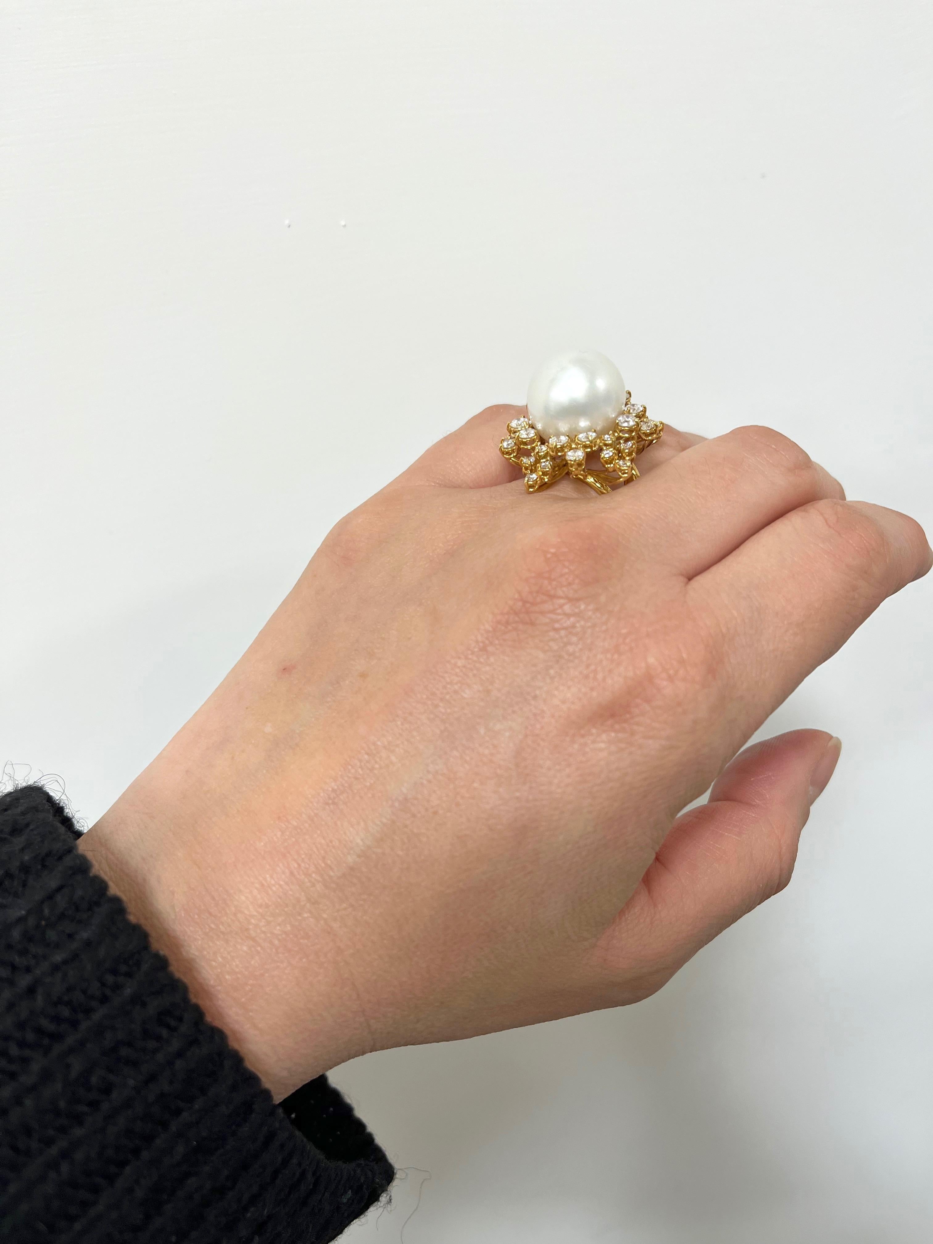 Modern 1980 18 Karat Yellow Gold Diamonds, 16 mm. South Sea Pearl Cocktail Ring For Sale