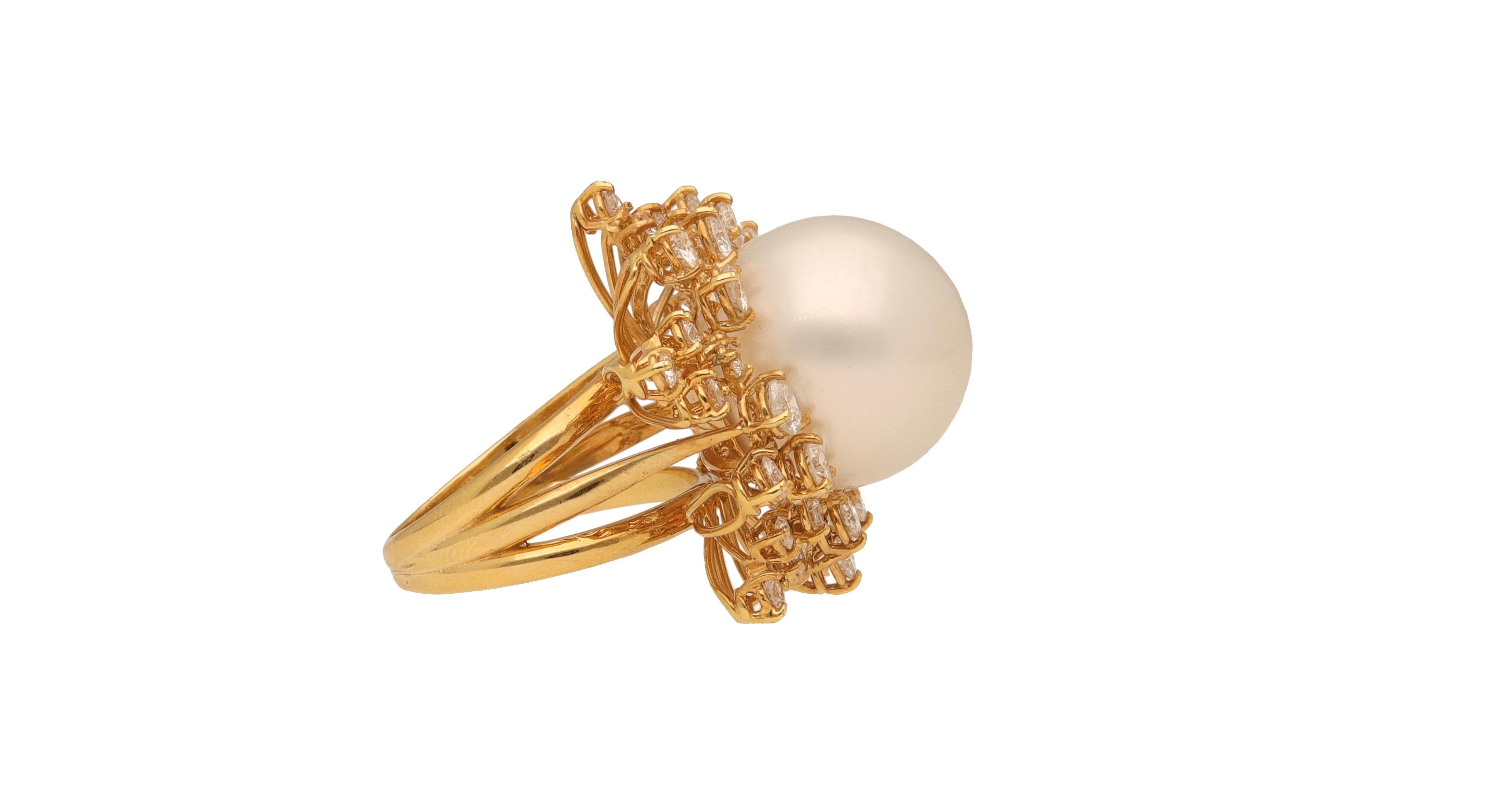 Women's 1980 18 Karat Yellow Gold Diamonds, 16 mm. South Sea Pearl Cocktail Ring For Sale