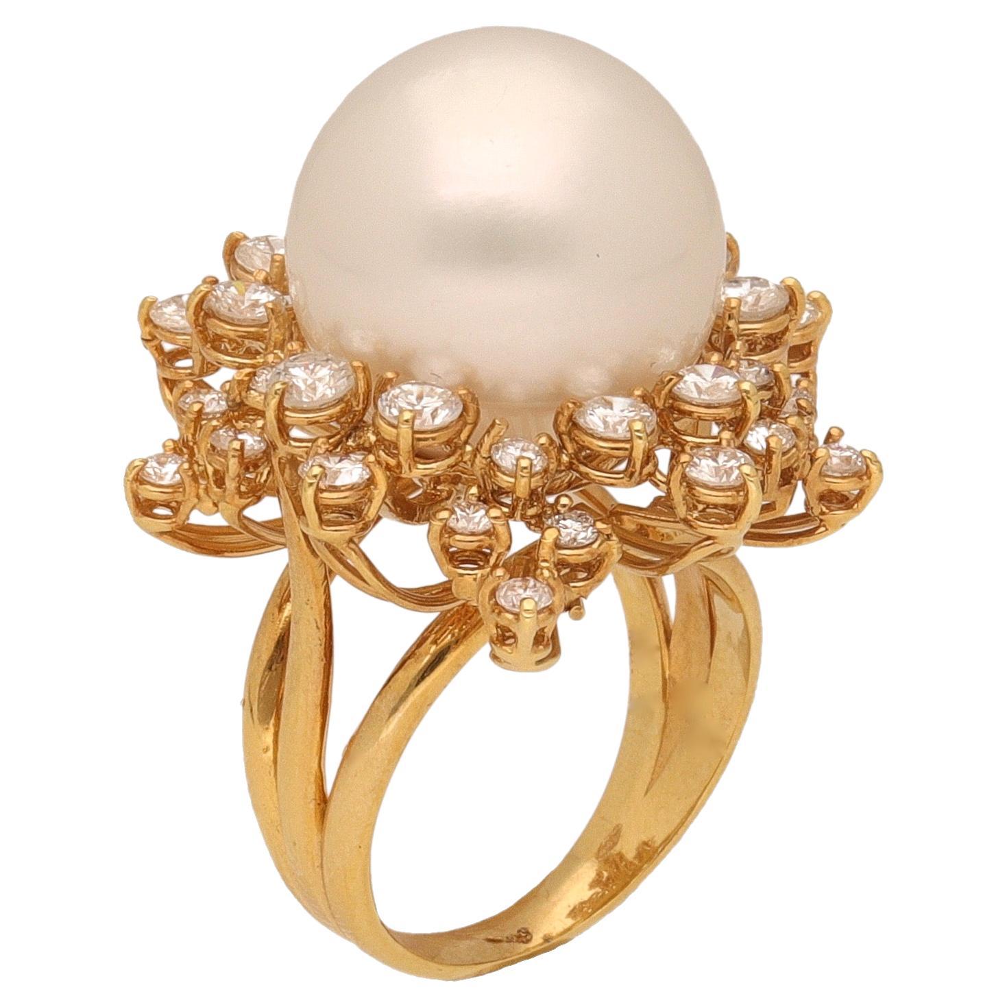 1980 18 Karat Yellow Gold Diamonds, 16 mm. South Sea Pearl Cocktail Ring For Sale