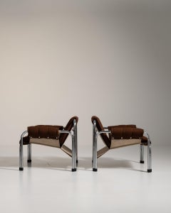 1980-1989 République tchèque : paire de fauteuils de salon à structure chromée, couleur marron espresso foncé