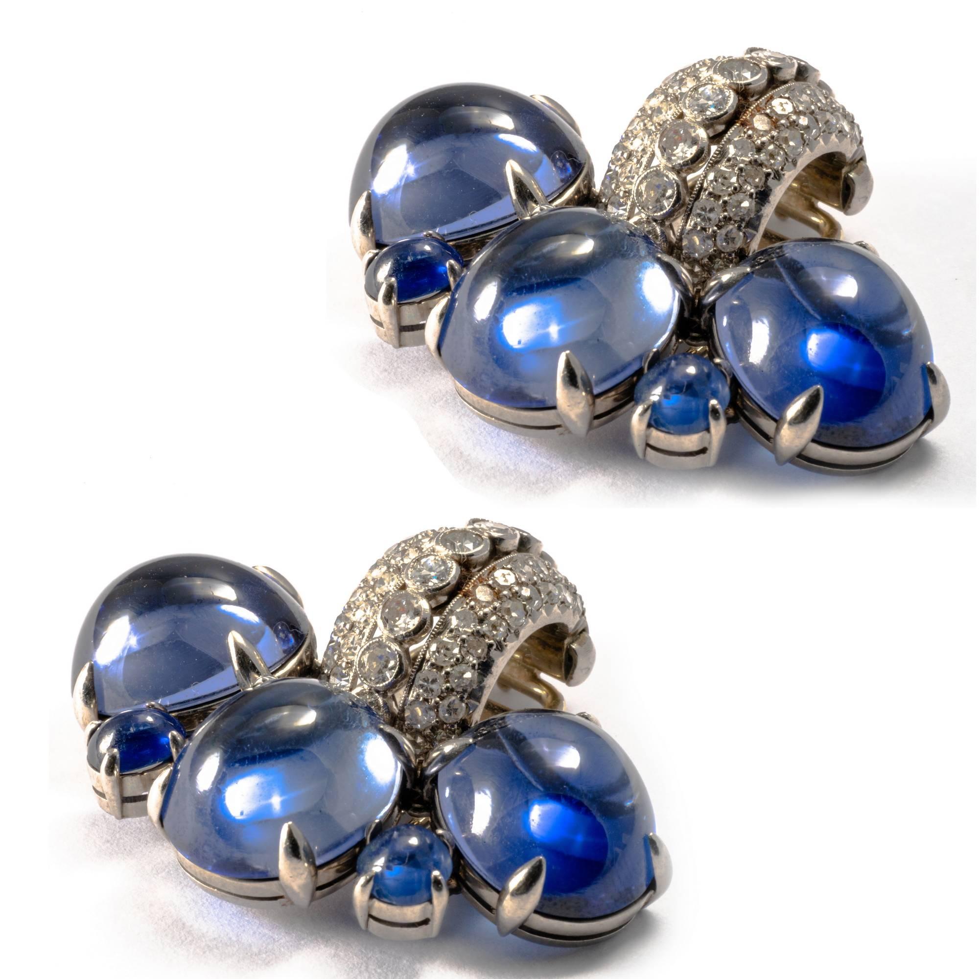 1980-1990 Cabochon Diamond and Sapphire 18K Gold Set Earrings and Pin Brooch For Sale 9