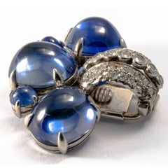 1980-1990 Cabochon Diamond and Sapphire 18K Gold Set Earrings and Pin Brooch