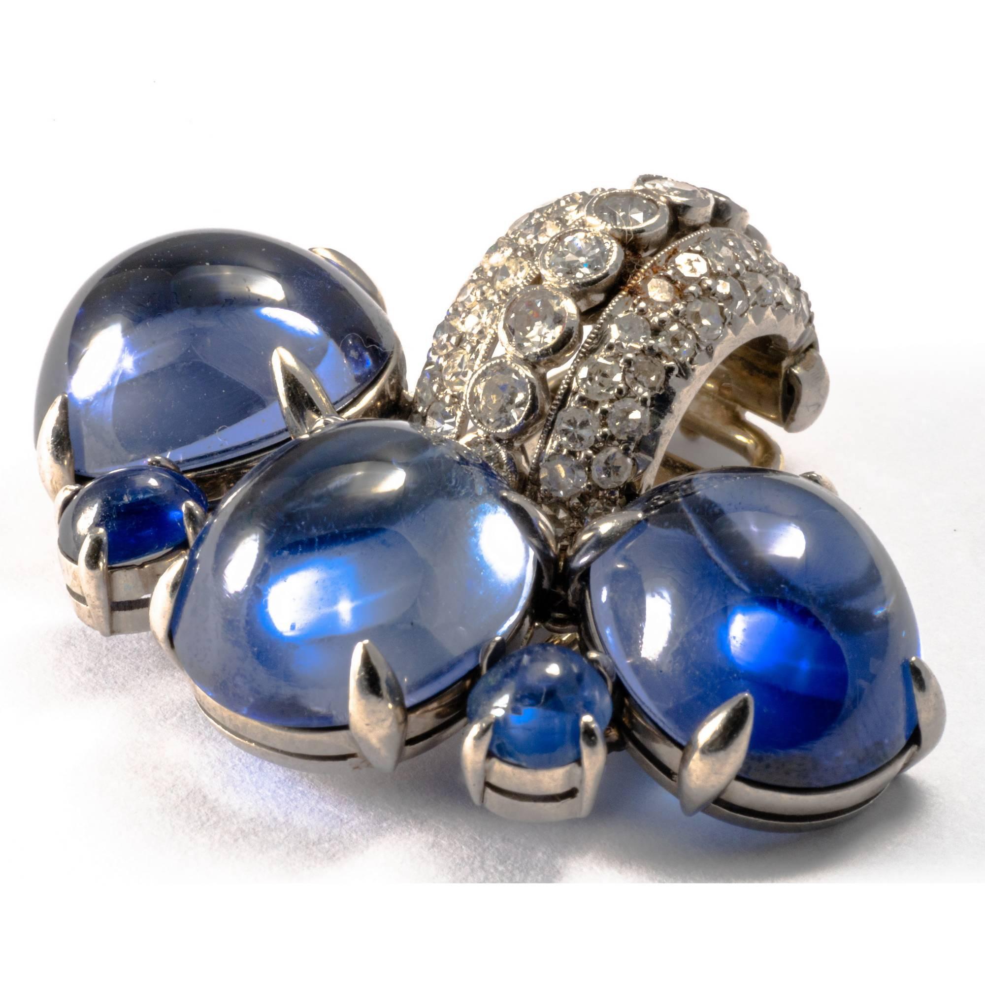 Oval Cut 1980-1990 Cabochon Diamond and Sapphire 18K Gold Set Earrings and Pin Brooch For Sale