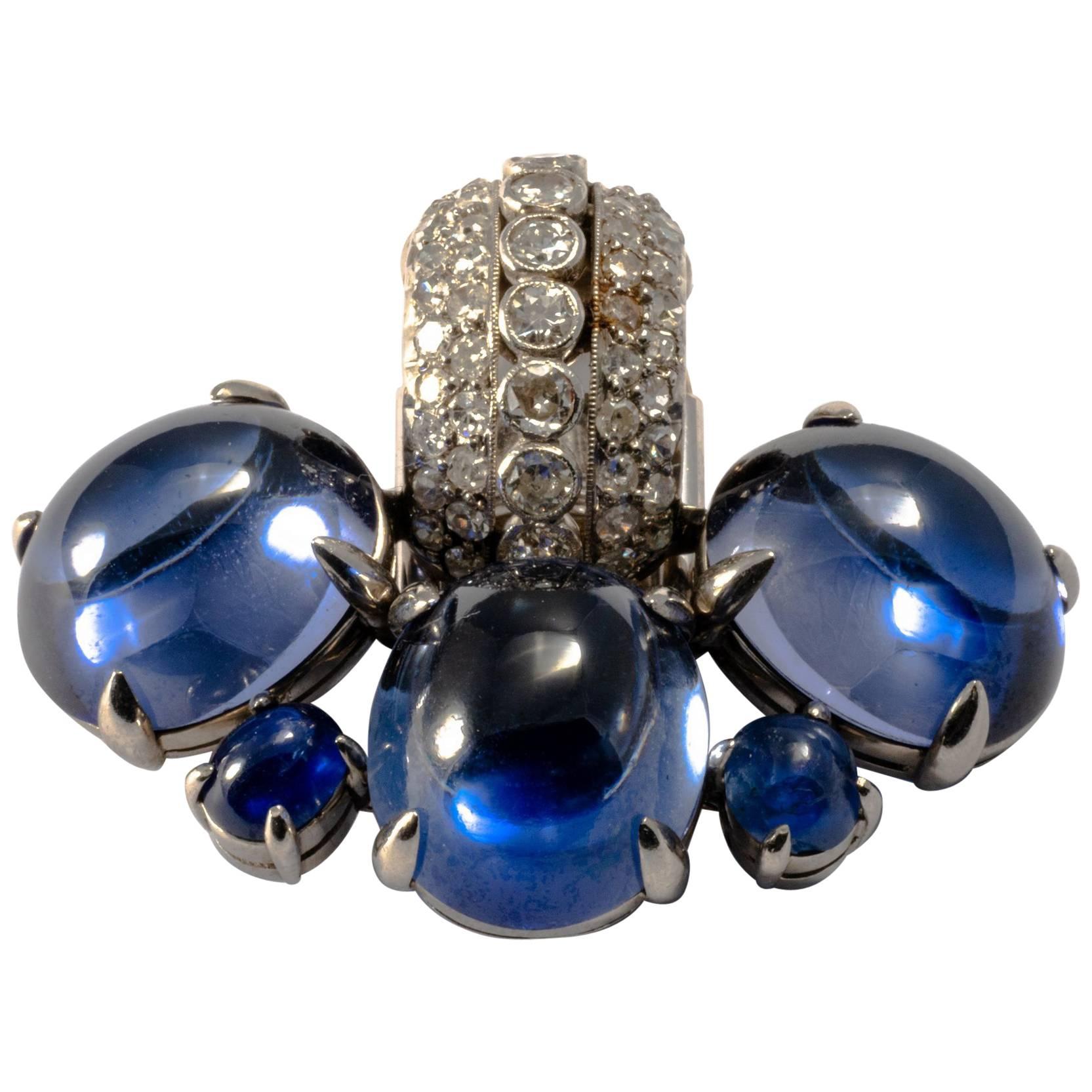 1980-1990 Cabochon Diamond and Sapphire 18K Gold Set Earrings and Pin Brooch For Sale