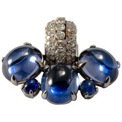 1980-1990 Cabochon Diamond and Sapphire 18K Gold Set Earrings and Pin Brooch