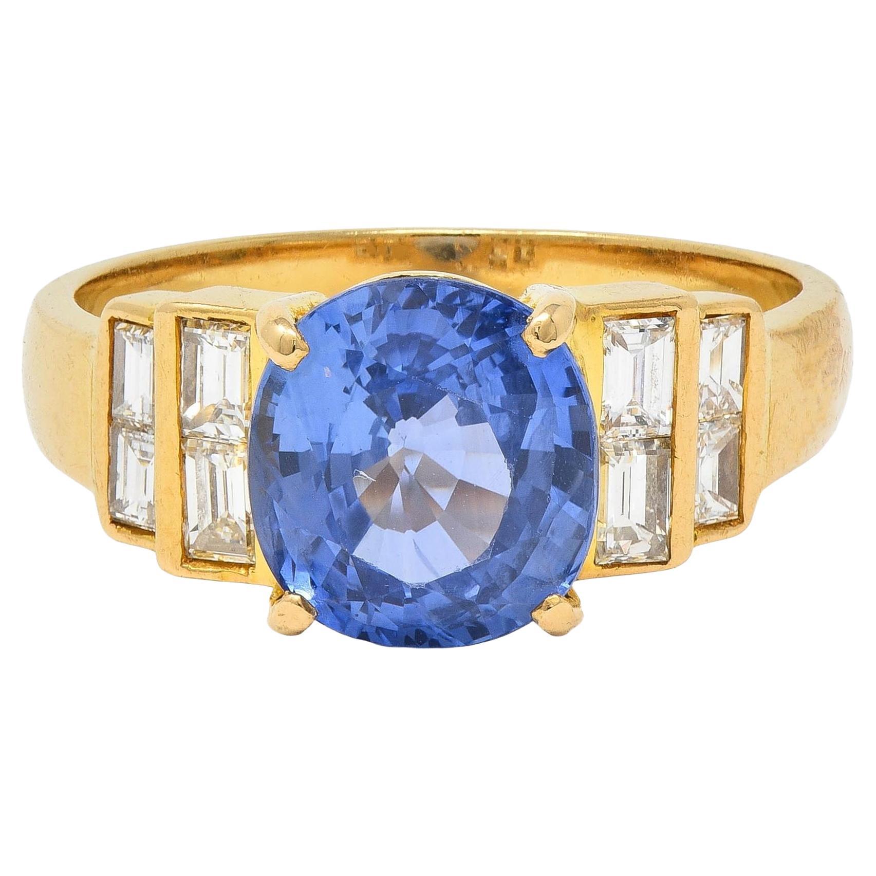 1980 4.07 CTW Ceylon Sapphire Diamond 18 Karat Yellow Gold Vintage Stepped Ring