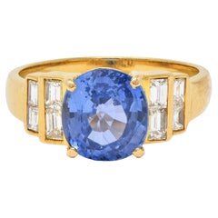 1980 4,07 CTW Ceylon Saphir Diamant 18 Karat Gelbgold Vintage Stepped Ring