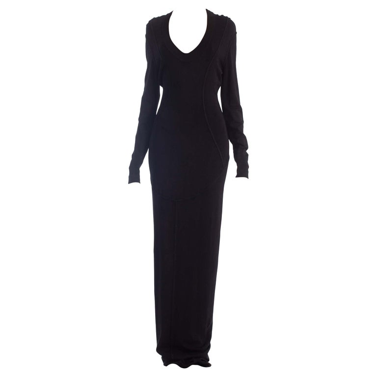1980S AZZEDINE ALAIA Black Rayon Blend Jersey Extra Long Low Cut Gown ...