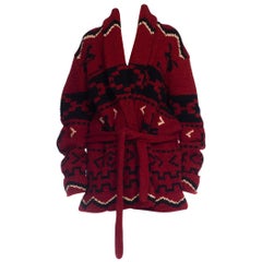 1980S POLO RALPH LAUREN Burgundy & Black Wool Hand Knit Ski Theme Belted Shawl 