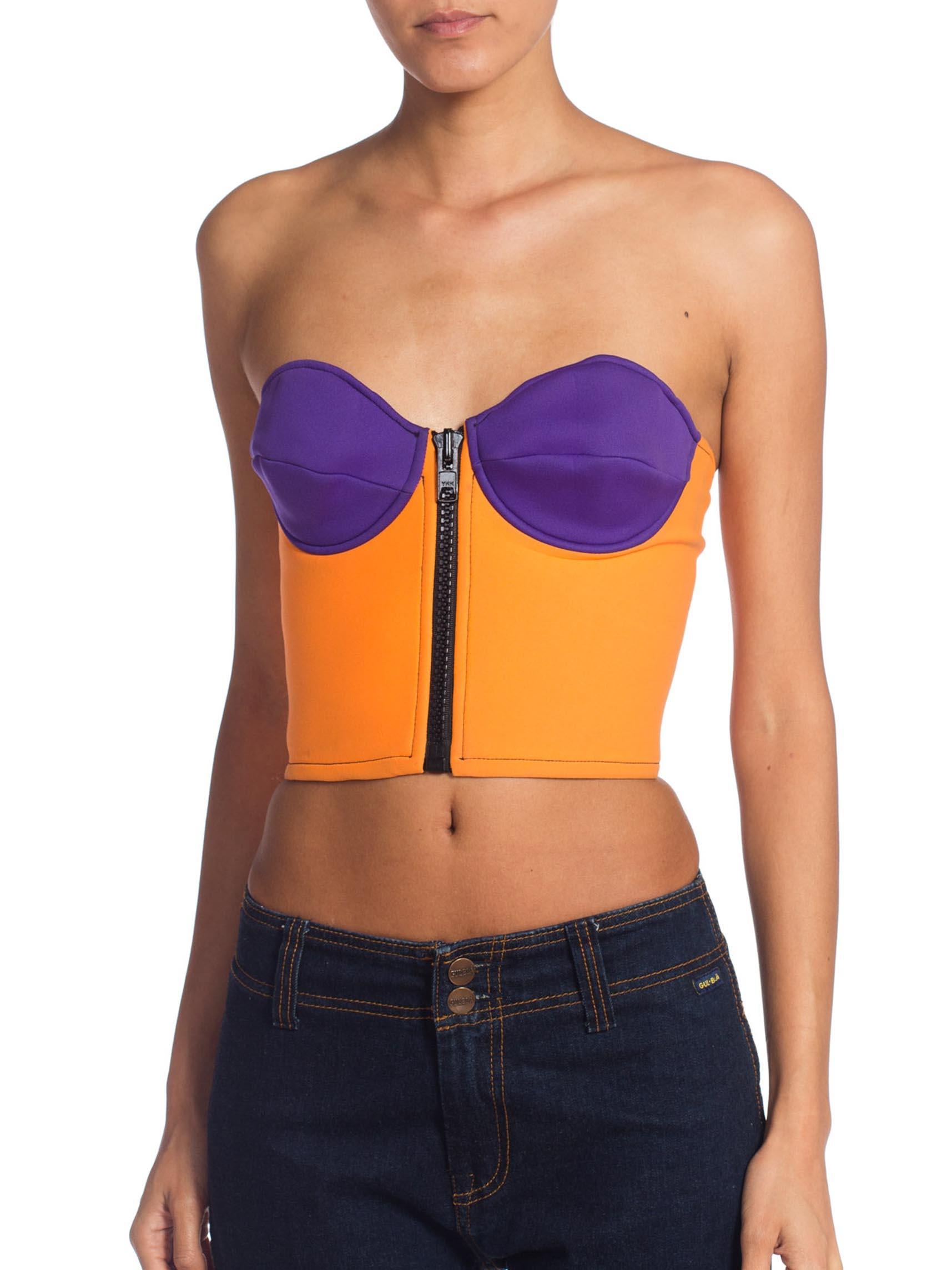 1990S Purple & Orange Neoprene Scuba Bustier With Oversized Front Zipper In Excellent Condition In New York, NY