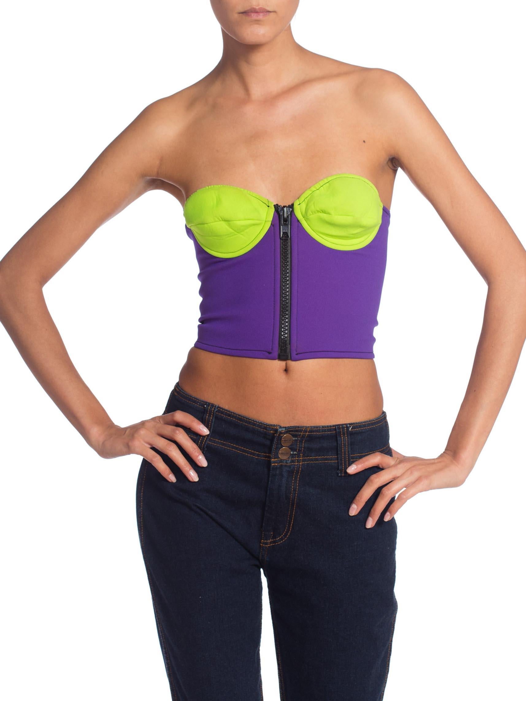 1990S Lime Green & Purple Neoprene Scuba Bustier With Oversized Front Zipper In Excellent Condition In New York, NY