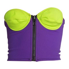 1990S Lime Green & Purple Neoprene Scuba Bustier With Oversized Front Zipper