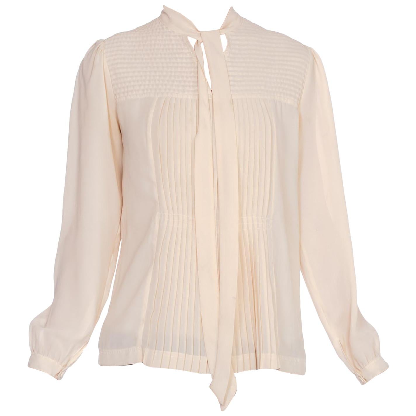 1980S Polyester Pleated Bow Neck Blouse Top