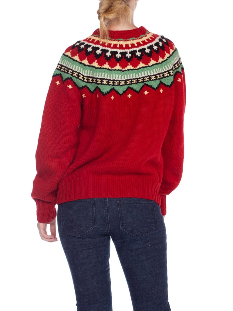 2000S Red Wool Hand Knit Native Pattern Sweater For Sale at 1stDibs
