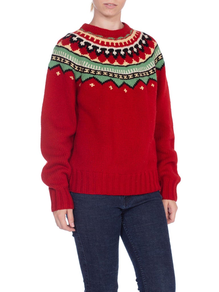 2000S Red Wool Hand Knit Native Pattern Sweater For Sale at 1stDibs