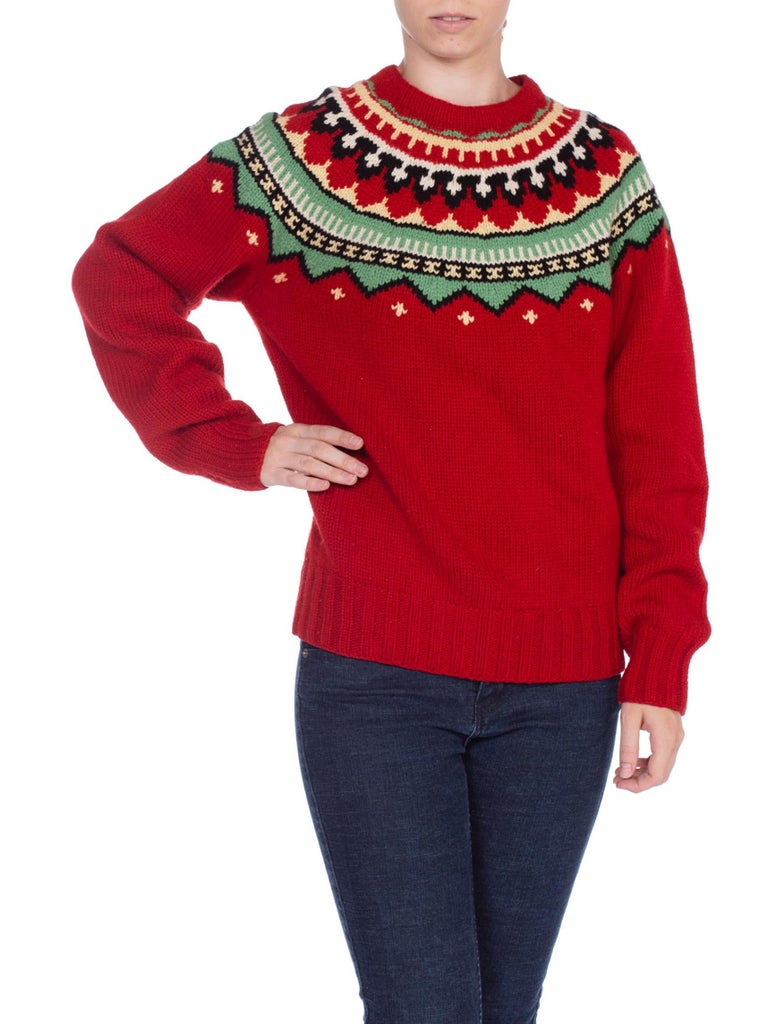 2000S Red Wool Hand Knit Native Pattern Sweater For Sale at 1stDibs