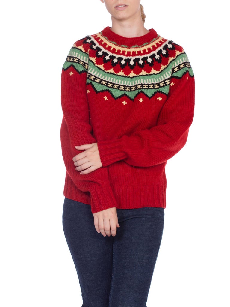 2000S Red Wool Hand Knit Native Pattern Sweater For Sale at 1stDibs